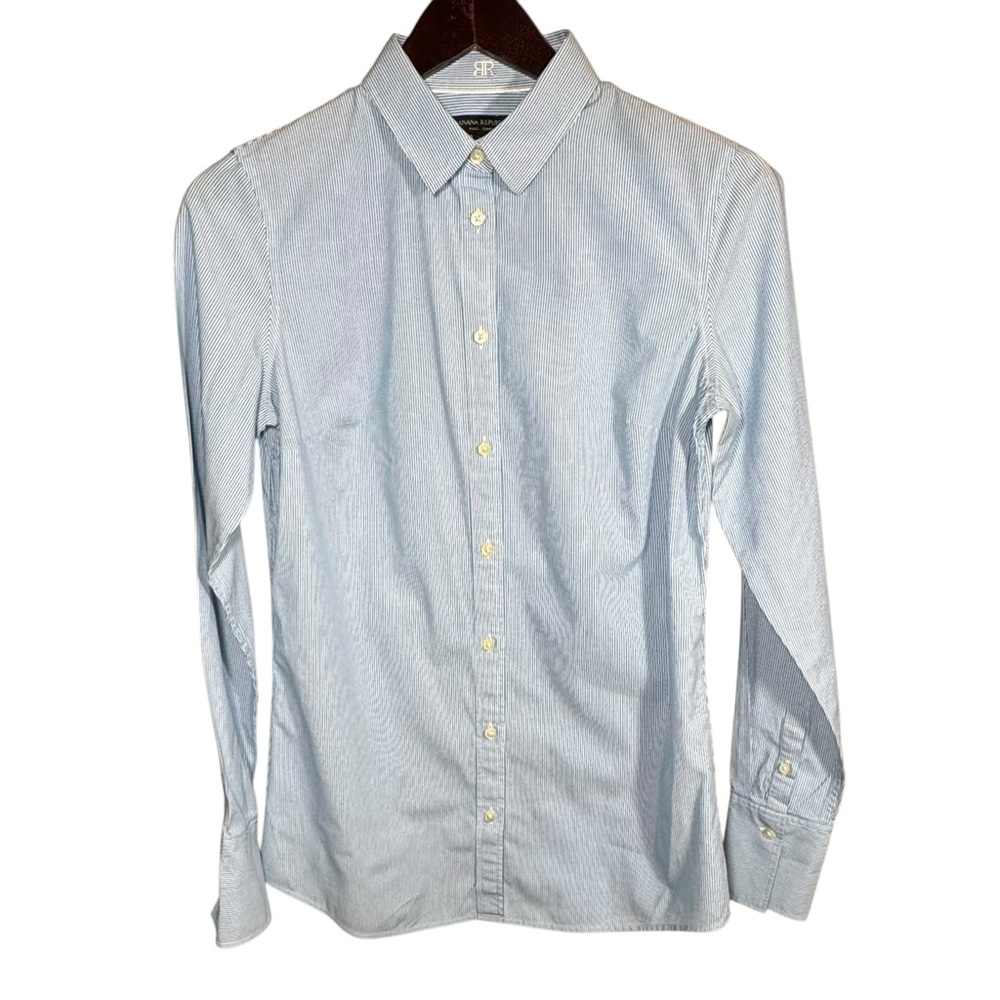 Banana Republic Riley Blue & White Striped Cotton Button Down Shirt Size 4 Tall
